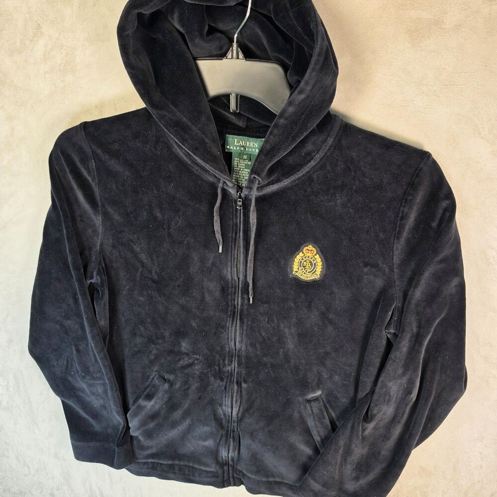 Vtg Lauren Ralph Lauren Black Velvet Velour Hoodie Gold Crest Track Jacket Small